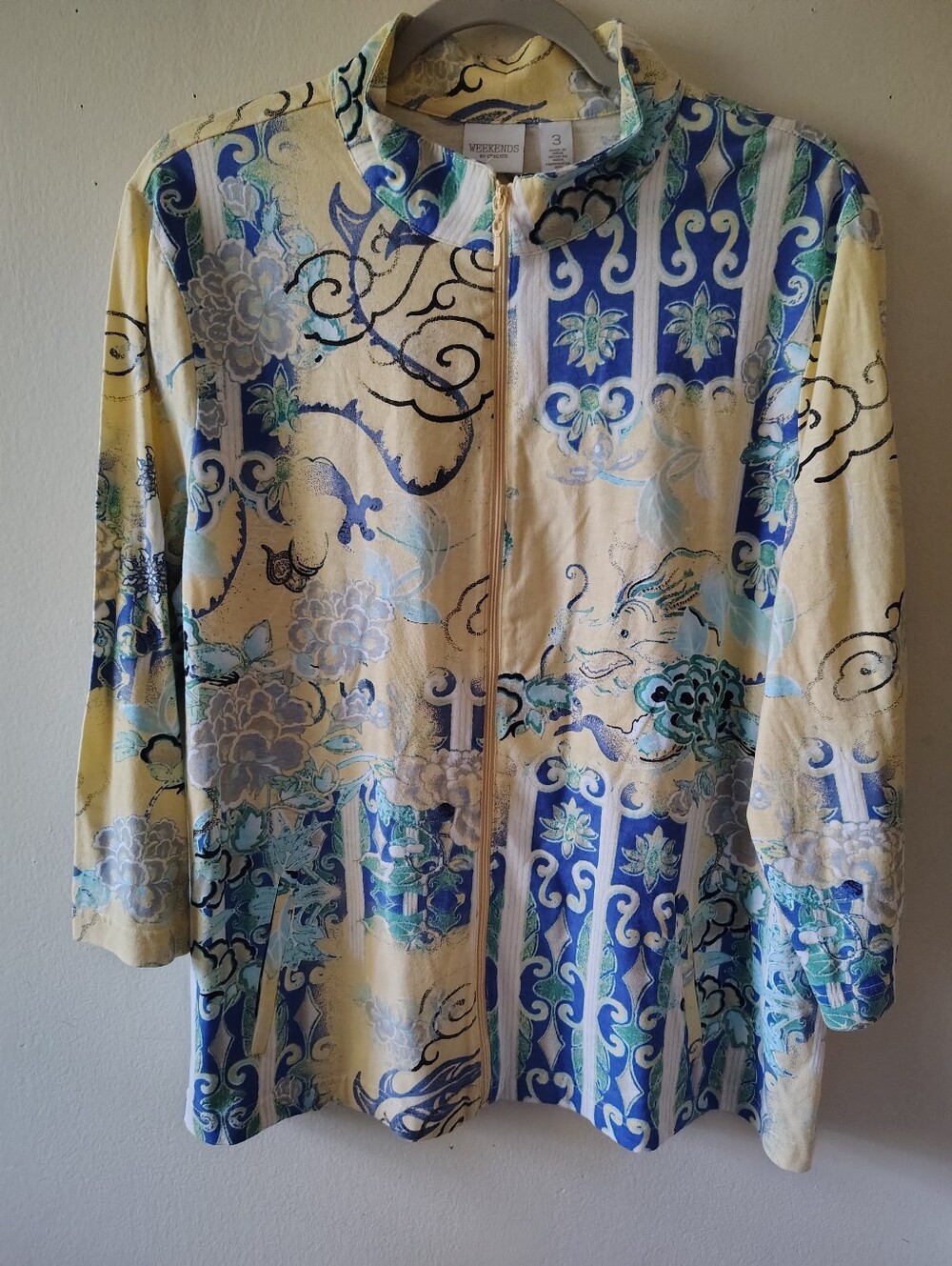 Chicos Butter Yellow Powell Jacket 3 XL Oriental Cotton Casual Boho Artsy NWT